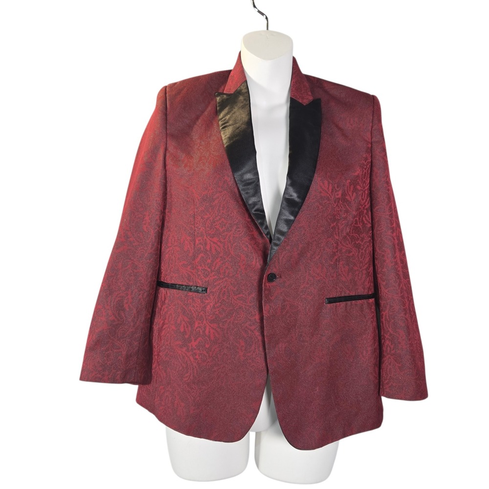 Tazio Mens Red‎ Black Damask Floral Blazer Tuxedo Jacket Satin Peak Lapel Small